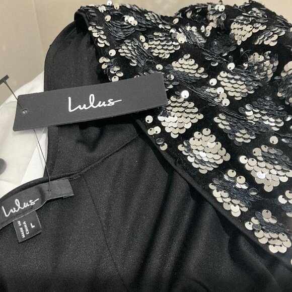 LULU'S Silver Sequin & Black Velvet Backless Bodycon Mini Dress NWT Size L - Picture 6 of 9
